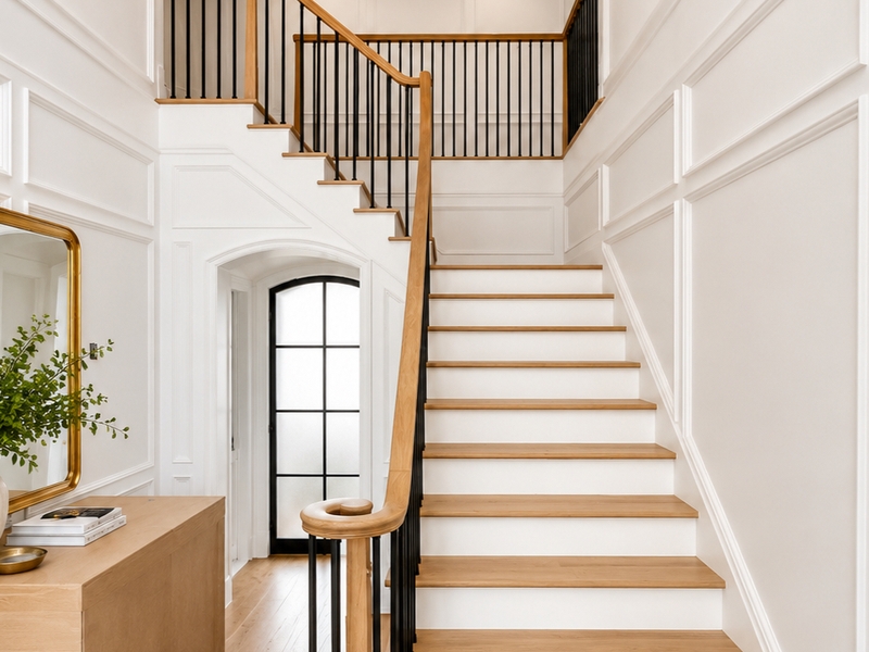 Modern Two-Story Entryway with Custom Wall Molding & Oak Staircase